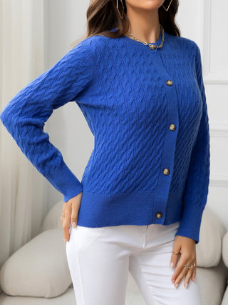 Round Neck Cable-Knit Buttoned Knit Top Divacious