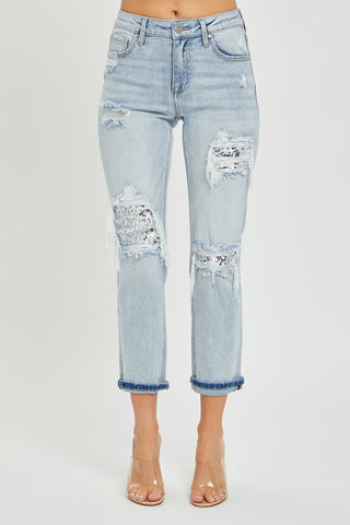 Mid-Rise Sequin Patched Jeans Divacious