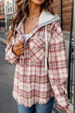 Plaid Raw Hem Drawstring Hooded Jacket Divacious