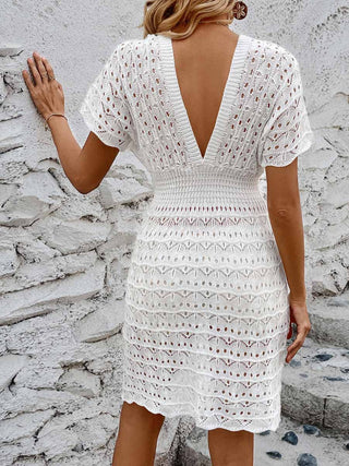 Openwork Plunge Short Sleeve Cover-Up Dress Divacious