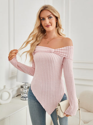 Ribbed Asymmetrical Hem Off-Shoulder Long Sleeve T-Shirt - Divacious