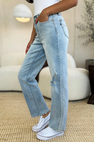 Full Size High Waist Distressed Straight Jeans Divacious