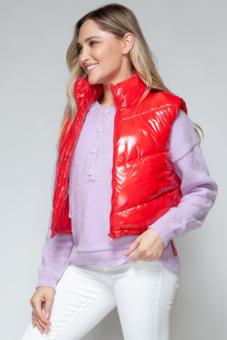 Snobbish Zip Up Turtleneck Shiny Quilted Vest Trendsi