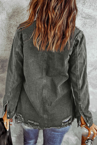 Distressed Raw Hem Snap Down Denim Jacket Divacious