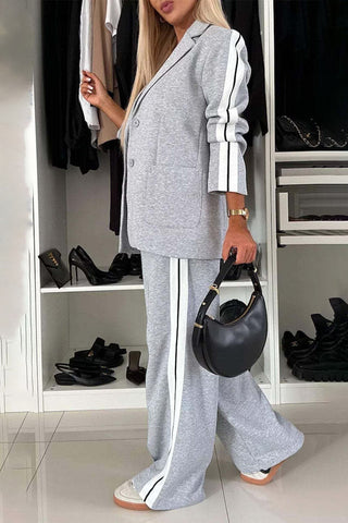 Full Size Contrast Lapel Collar Top and Pants Set - Divacious