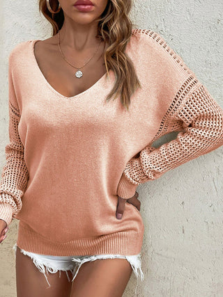 Openwork V-Neck Sweater Divacious