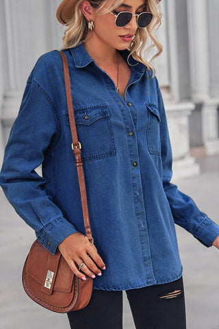 Collared Neck Dropped Shoulder Denim Top Divacious