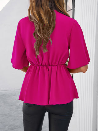 Surplice Tie Waist Half Sleeve Blouse Divacious