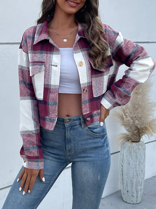 Plaid Button Up Drop Shoulder Cropped Jacket Divacious