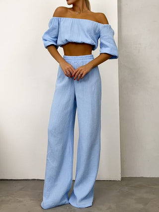 Off Shoulder Long Sleeve Top and Pants Set Trendsi