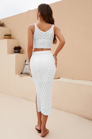 Openwork Cropped Tank and Split Skirt Set Trendsi