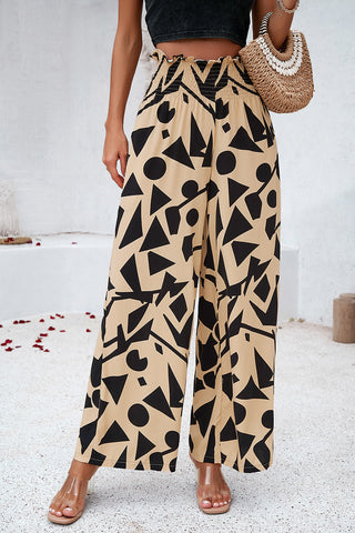 Smocked Printed Wide Leg Pants with Pockets Divacious