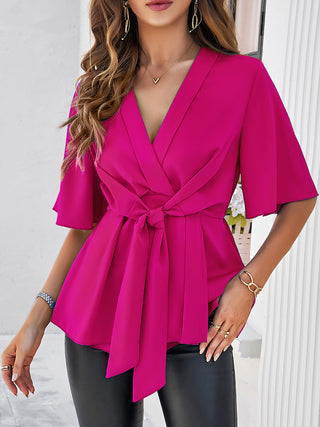 Surplice Tie Waist Half Sleeve Blouse Divacious