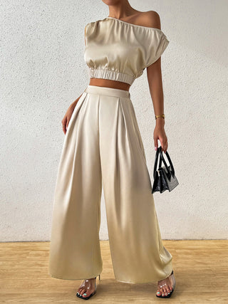 Honey One Shoulder Short Sleeve Top and Wide Leg Pants Set Trendsi