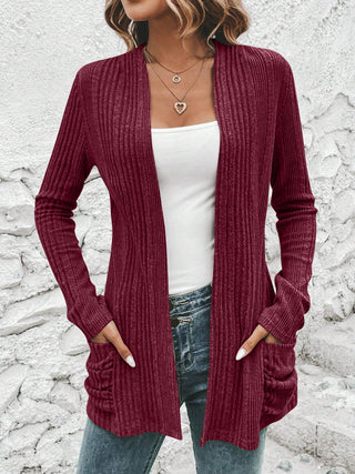 Ribbed Open Front Cardigan with Pockets Divacious