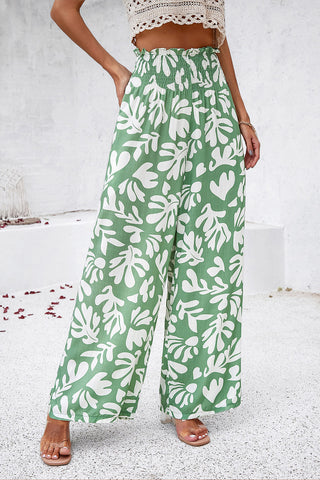 Smocked Printed Wide Leg Pants with Pockets Divacious