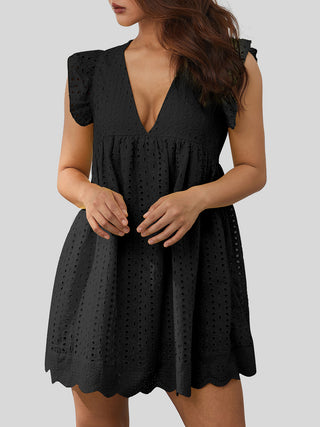 Ruffled Eyelet Cap Sleeve Mini Dress Trendsi