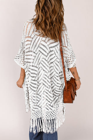 Openwork Open Front Cardigan with Fringes Divacious