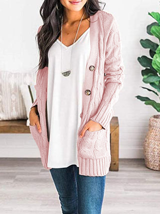 Cable-Knit Buttoned Cardigan with Pockets Divacious