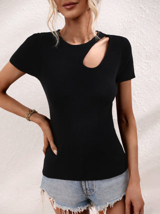 Cutout Round Neck Short Sleeve Knit Top Divacious