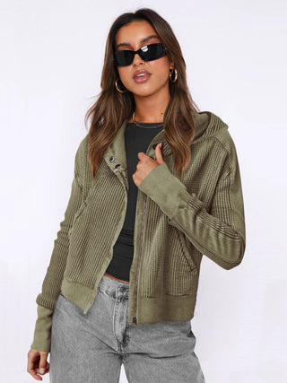 Waffle-Knit Dropped Shoulder Hooded Jacket Divacious