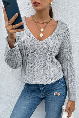 V-Neck Cable-Knit Long Sleeve Sweater Divacious