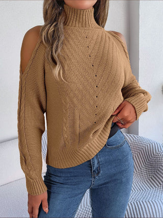 Cable-Knit Turtleneck Cold Shoulder Sweater Divacious