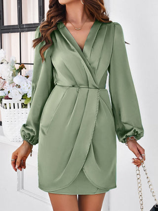 Devine Ruched Surplice Long Sleeve Mini Dress Trendsi