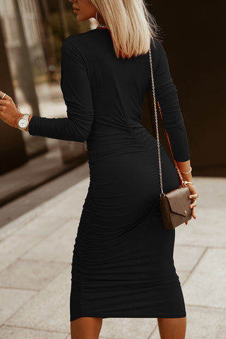 Ruched Surplice Long Sleeve Midi Dress Trendsi