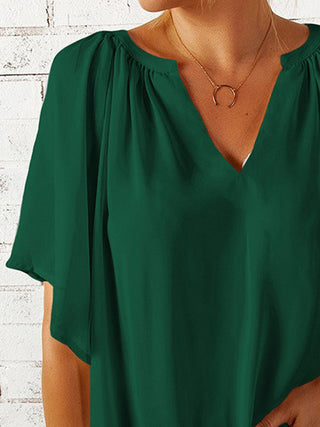 Ruched Notched Half Sleeve Blouse Divacious