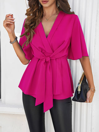 Surplice Tie Waist Half Sleeve Blouse Divacious