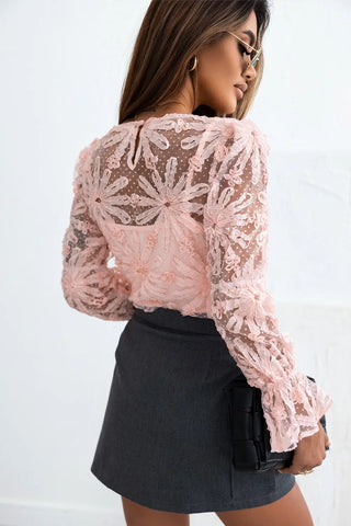 Flower Dotted Ruffled Sleeve Mesh Top Divacious