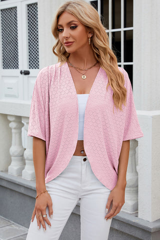 Eyelet Open Front Half Sleeve Cardigan Divacious