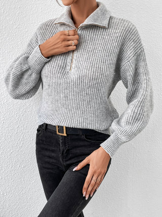 Half Zip Dropped Shoulder Sweater - Divacious