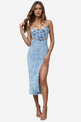 Cutout Slit Spaghetti Strap Denim Dress Divacious