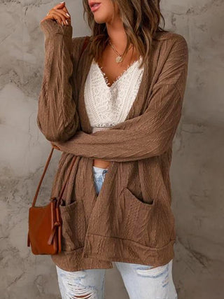 Pocketed Open Front Long Sleeve Cardigan Divacious