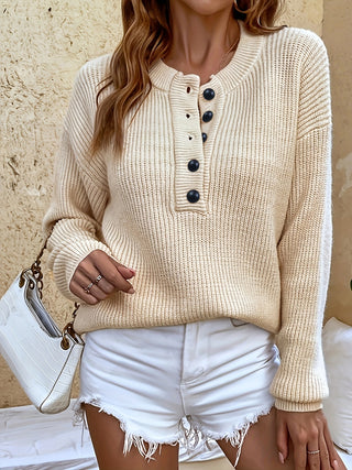 Half Button Dropped Shoulder Sweater Divacious