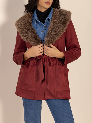 Fuzzy Collared Neck Tie Waist Jacket - Divacious