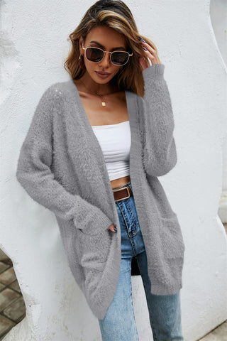 Open Front Openwork Fuzzy Cardigan with Pockets Divacious