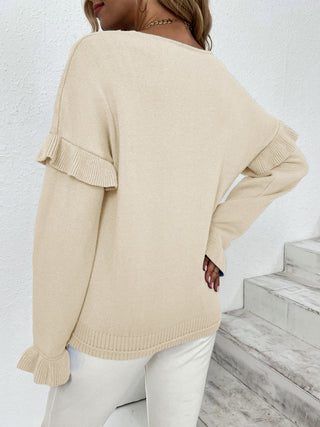 Ruffled V-Neck Dropped Shoulder Sweater Divacious