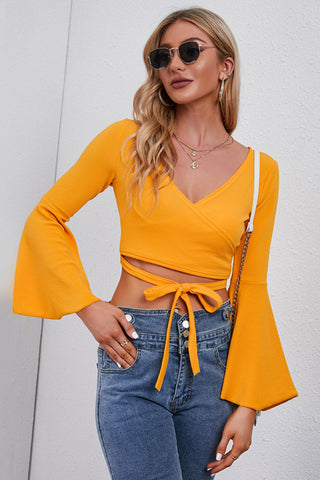 Tie Front Flare Sleeve Cropped Top Divacious