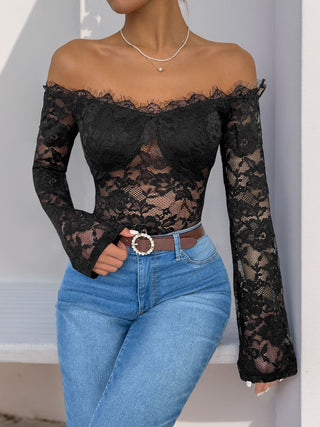 Lace Off-Shoulder Long Sleeve Bodysuit - Divacious