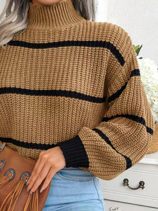 Striped Mock Neck Dropped Shoulder Sweater Divacious