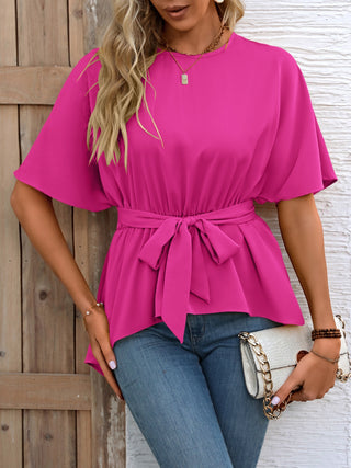 Tied Round Neck Half Sleeve Blouse Divacious