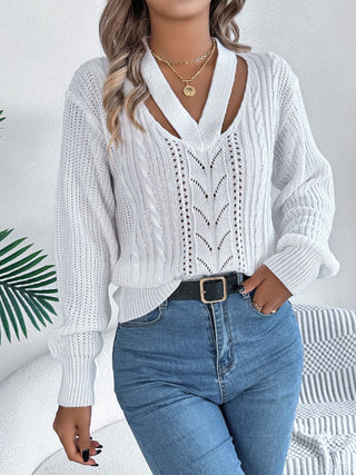 Cutout V-Neck Long Sleeve Sweater - Divacious