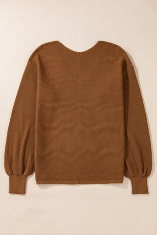 V-Neck Dropped Shoulder Long Sleeve Sweater - Divacious