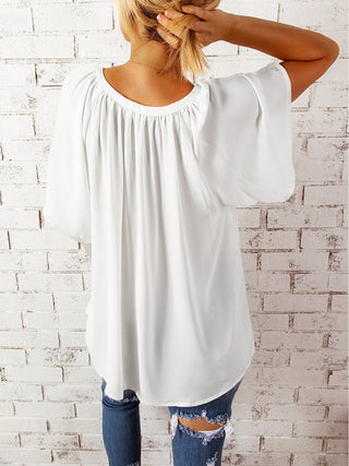 Ruched Notched Half Sleeve Blouse Divacious