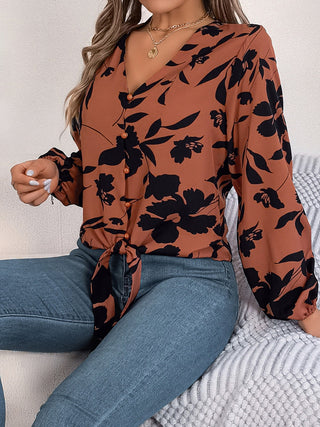 Printed V-Neck Long Sleeve Blouse Divacious