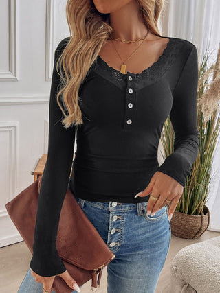 Lace Detail Round Neck Long Sleeve T-Shirt - Divacious