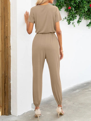 Short Sleeve V-Neck Jumpsuit with Pockets Divacious